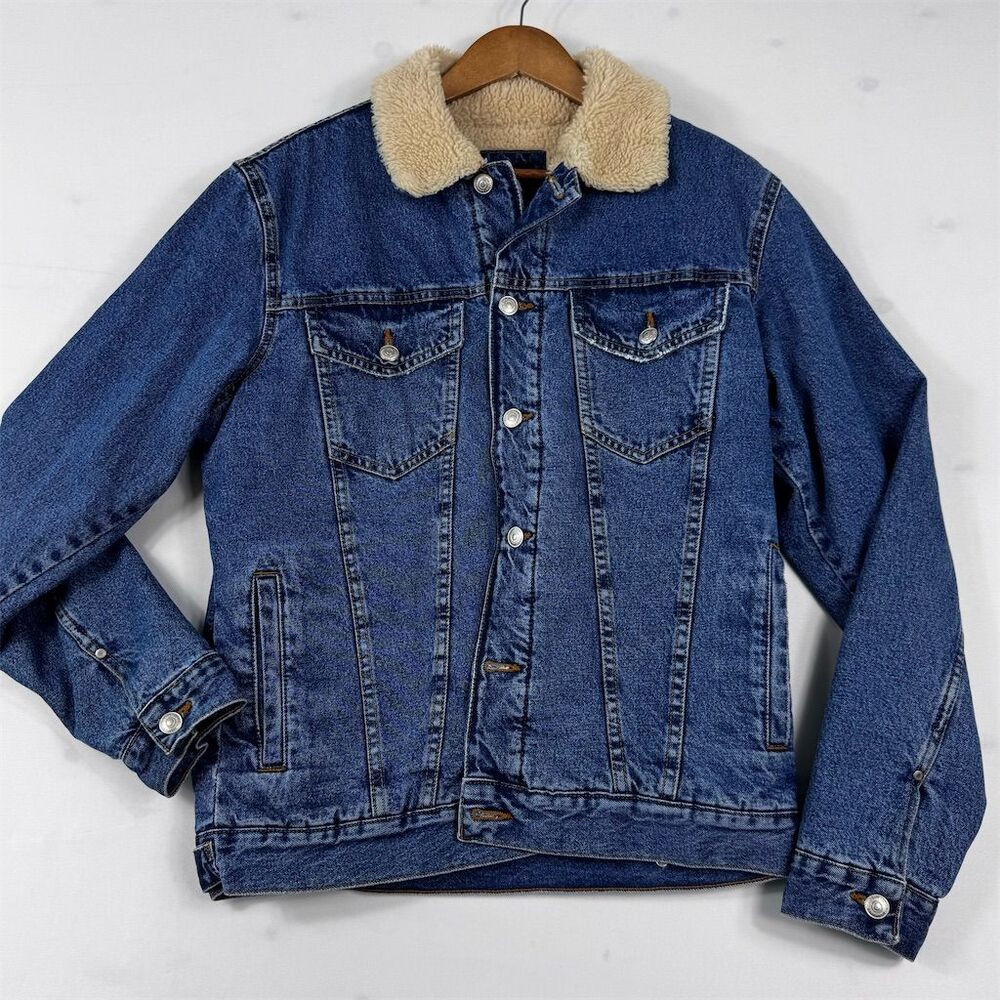 Zara Men's Bomber Jacket Size S Blue Denim Sherpa Lined Casual